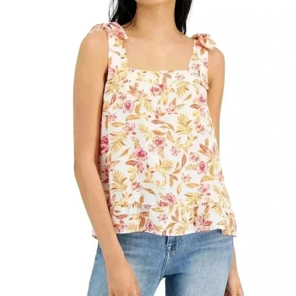 Hippie Rose Tops - Hippie Rose Square-Neck Tie-Strap Smocked Top - Ivory Floral